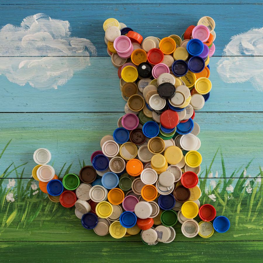 Gatinho montado com tampinhas plásticas coloridas sobre madeira pintada de céu e grama — campanha PataNaTampa